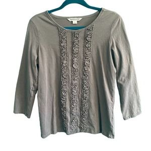 Pendleton 100% Cotton Gray Ruffle Front 3/4 Sleeve Tee Women's Medium